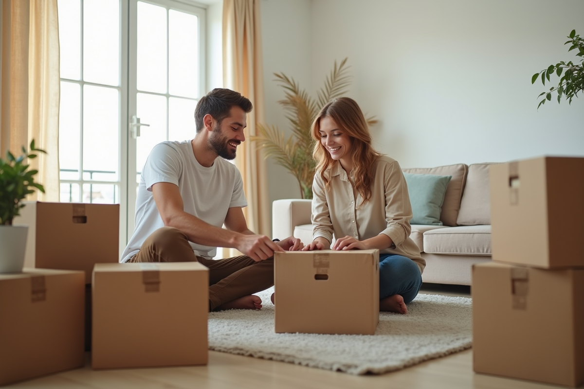Jeune couple souriant organisant le déménagement dans le salon