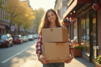 Jeune femme souriante ramassant des cartons vides devant un magasin