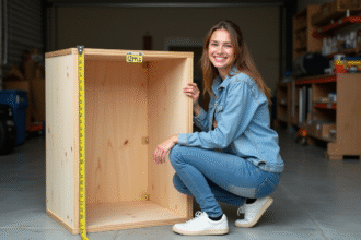 Jeune femme souriante mesurant un grand coffre en bois
