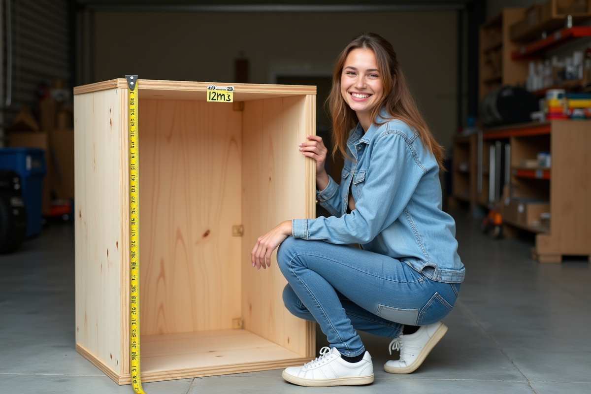 Jeune femme souriante mesurant un grand coffre en bois