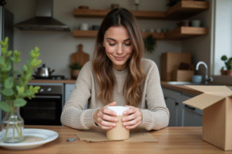 Jeune femme emballant un mug en cuisine chaleureuse