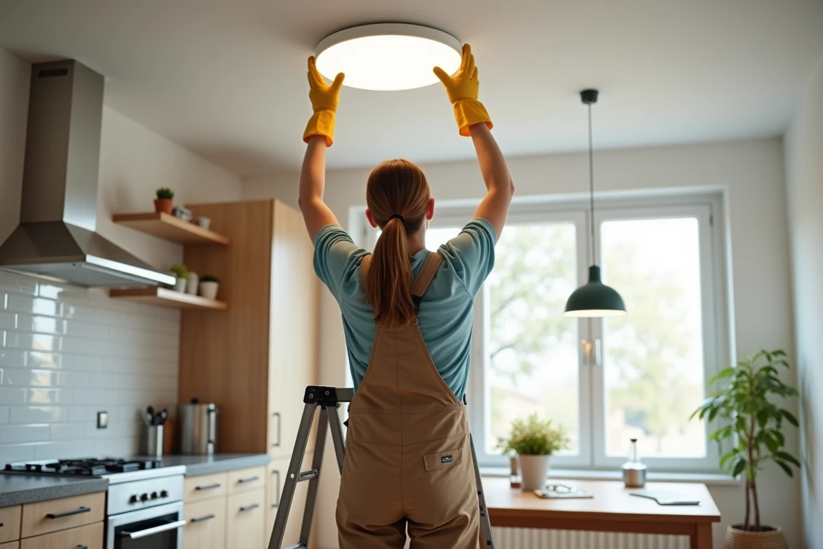 Jeune femme en overalls installant un panneau lumineux dans la cuisine