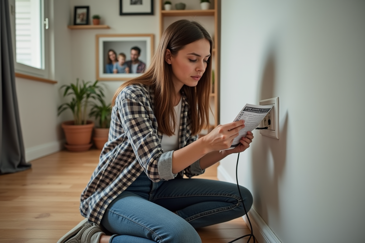 Jeune femme pose une prise électrique dans un salon moderne