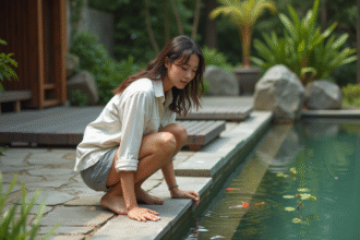 Jeune femme assise près d'une piscine naturelle en extérieur