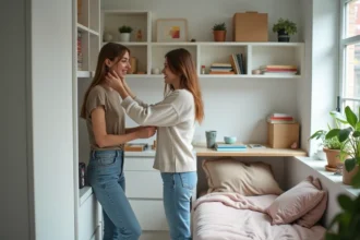 Jeune femme arrangeant des livres dans un studio moderne