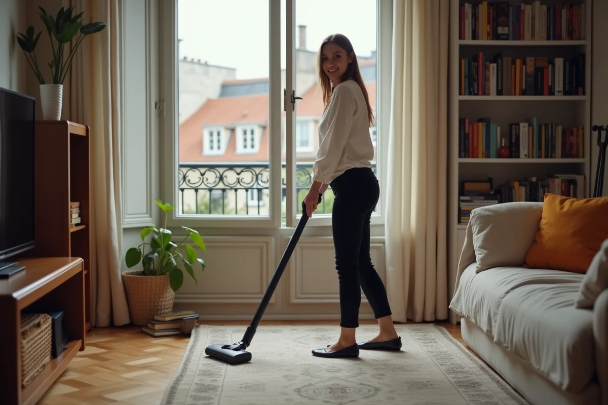 Jeune femme aspirant un tapis dans un appartement parisien
