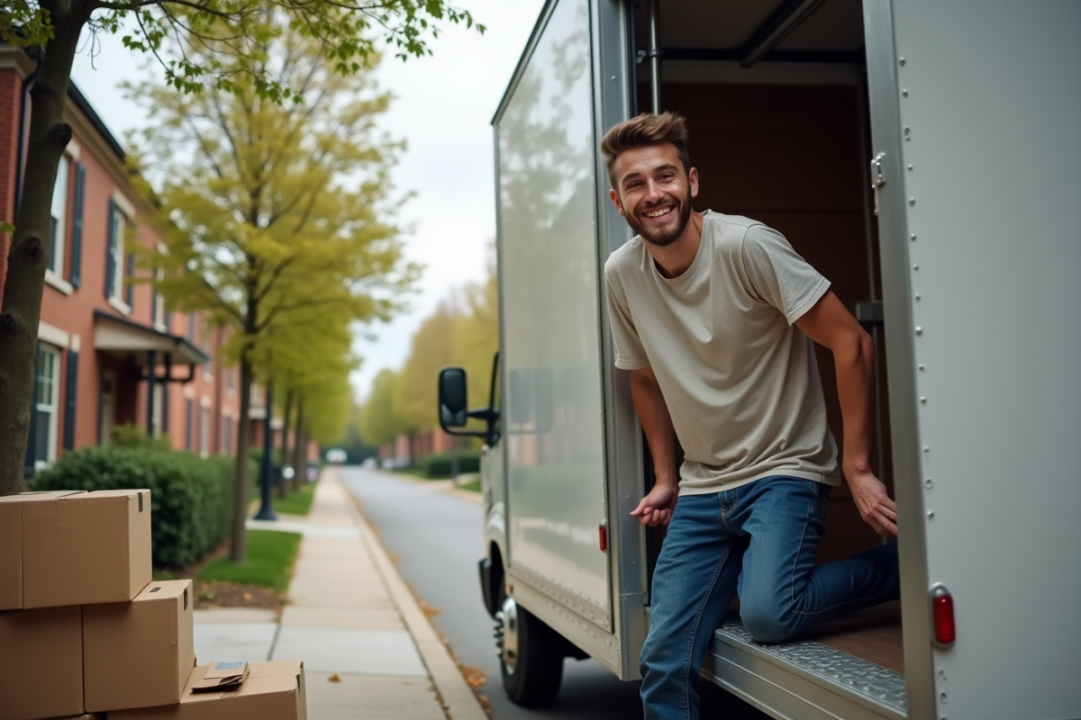 Jeune homme souriant ferme la porte d’un camion de déménagement