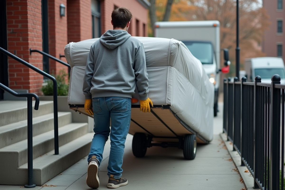 Jeune homme utilisant un chariot pour déplacer un canapé