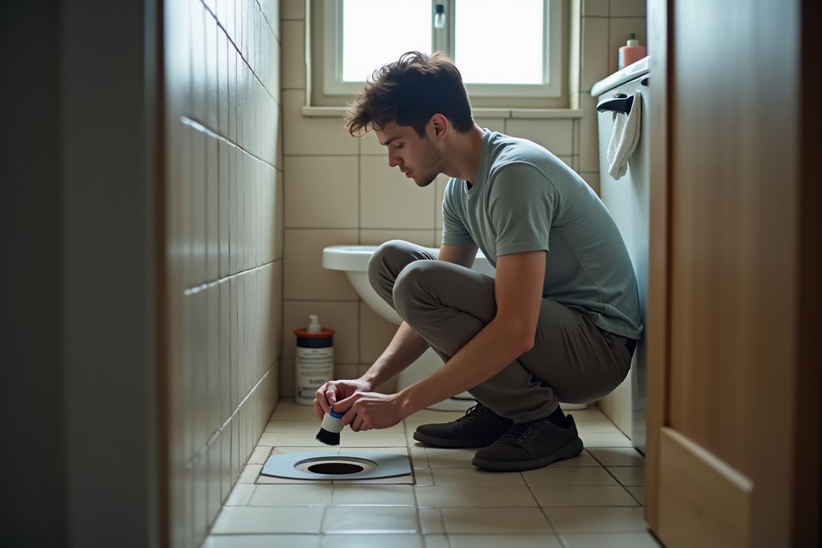Jeune homme vérifiant un drain dans une salle de bain urbaine