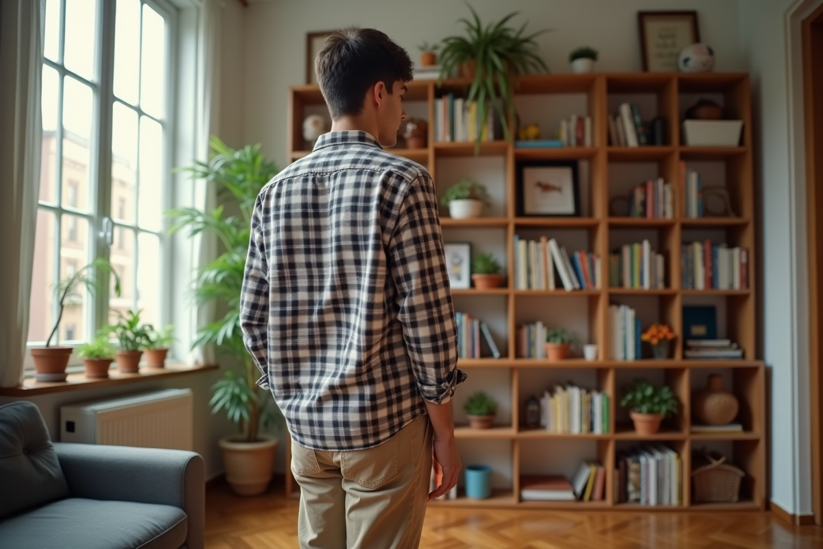 Jeune homme inspectant une bibliothèque dans un salon lumineux