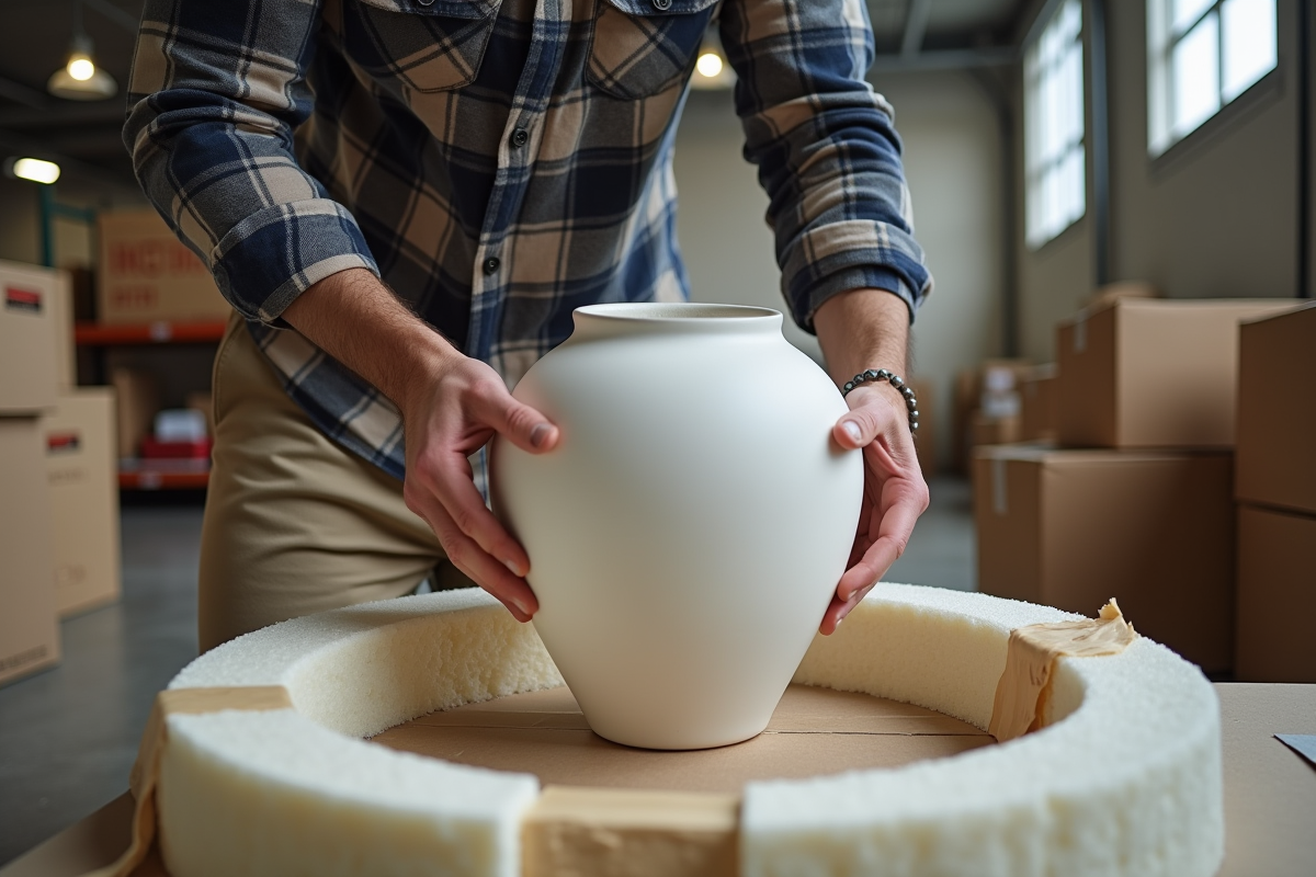 Jeune homme sécurisant une vasque en céramique dans un entrepôt