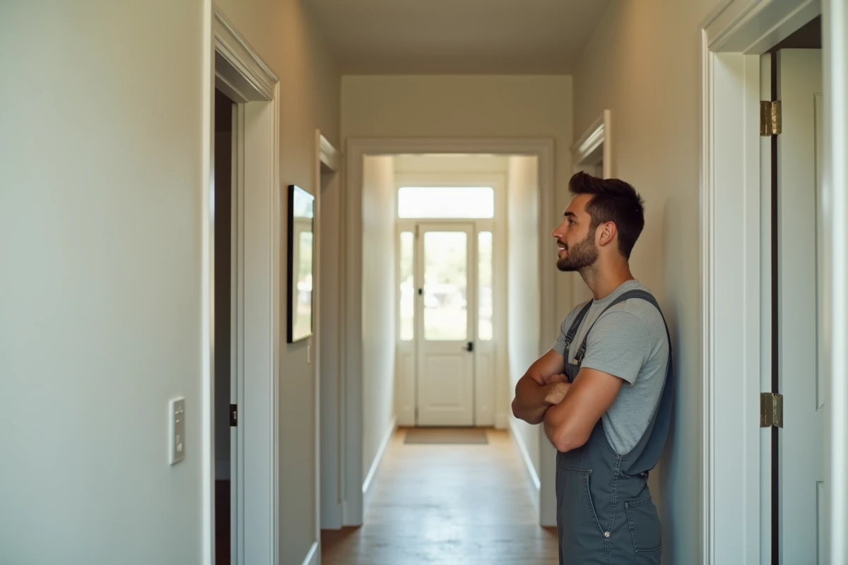 Jeune homme en salopette examine un couloir peint