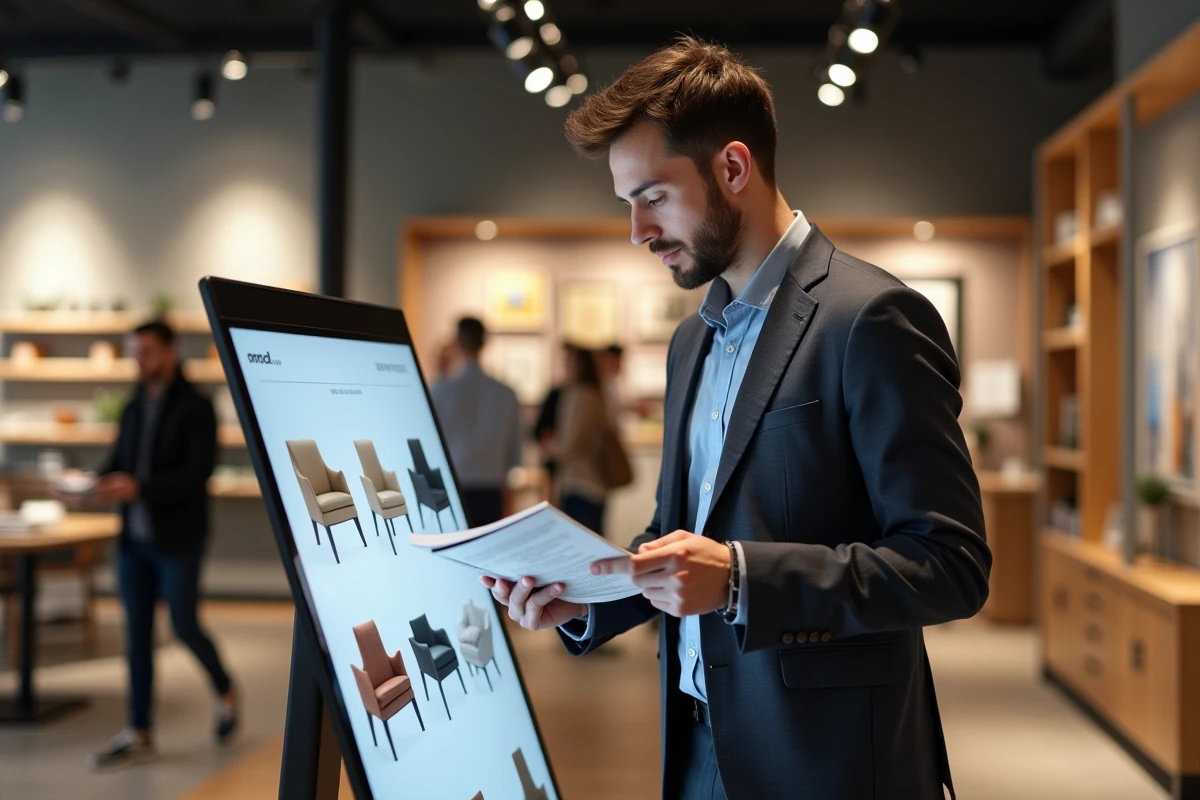 Jeune homme regardant un catalogue digital en magasin