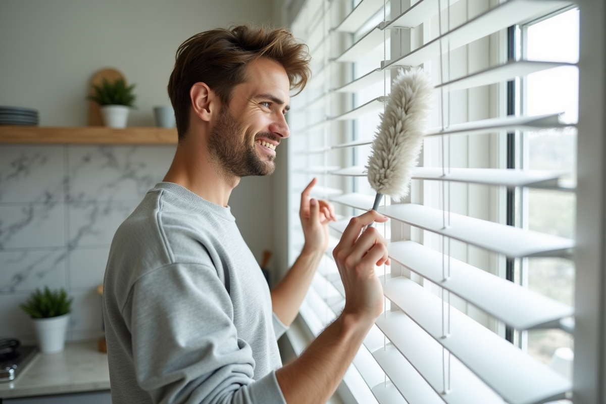 Jeune homme nettoyant des volets dans une cuisine lumineuse