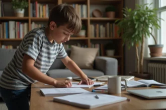 Jeune garçon en tshirt à rayures cherche un objet dans un salon
