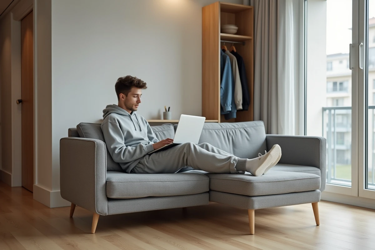 Jeune homme relaxant avec un ordinateur dans un studio