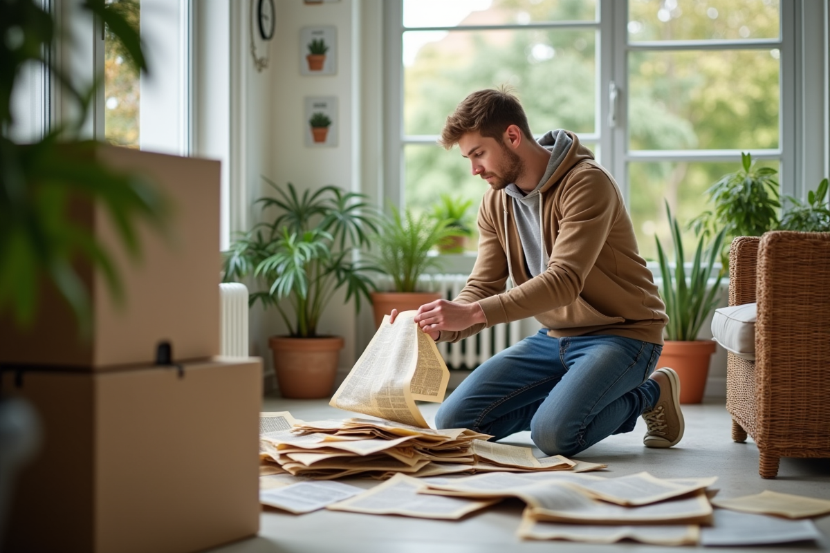 Jeune homme triant des journaux dans une véranda lumineuse
