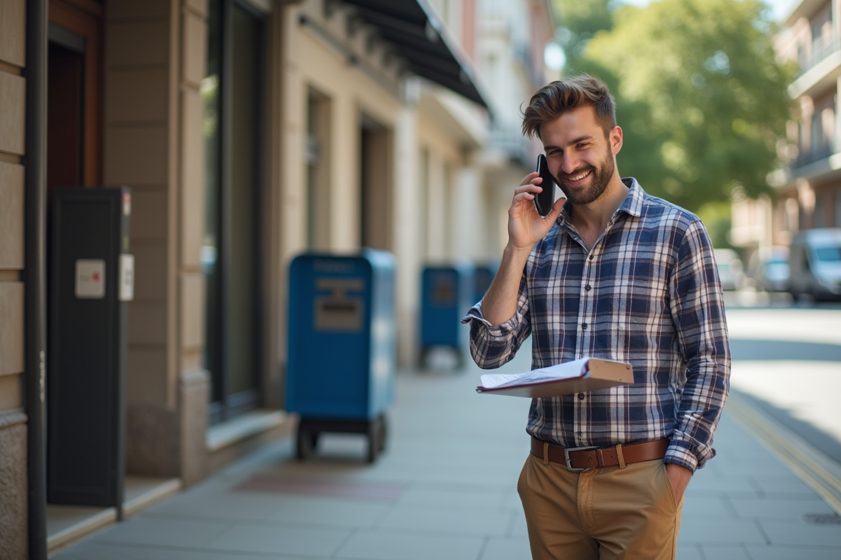 Jeune homme parlant au smartphone devant un immeuble urbain