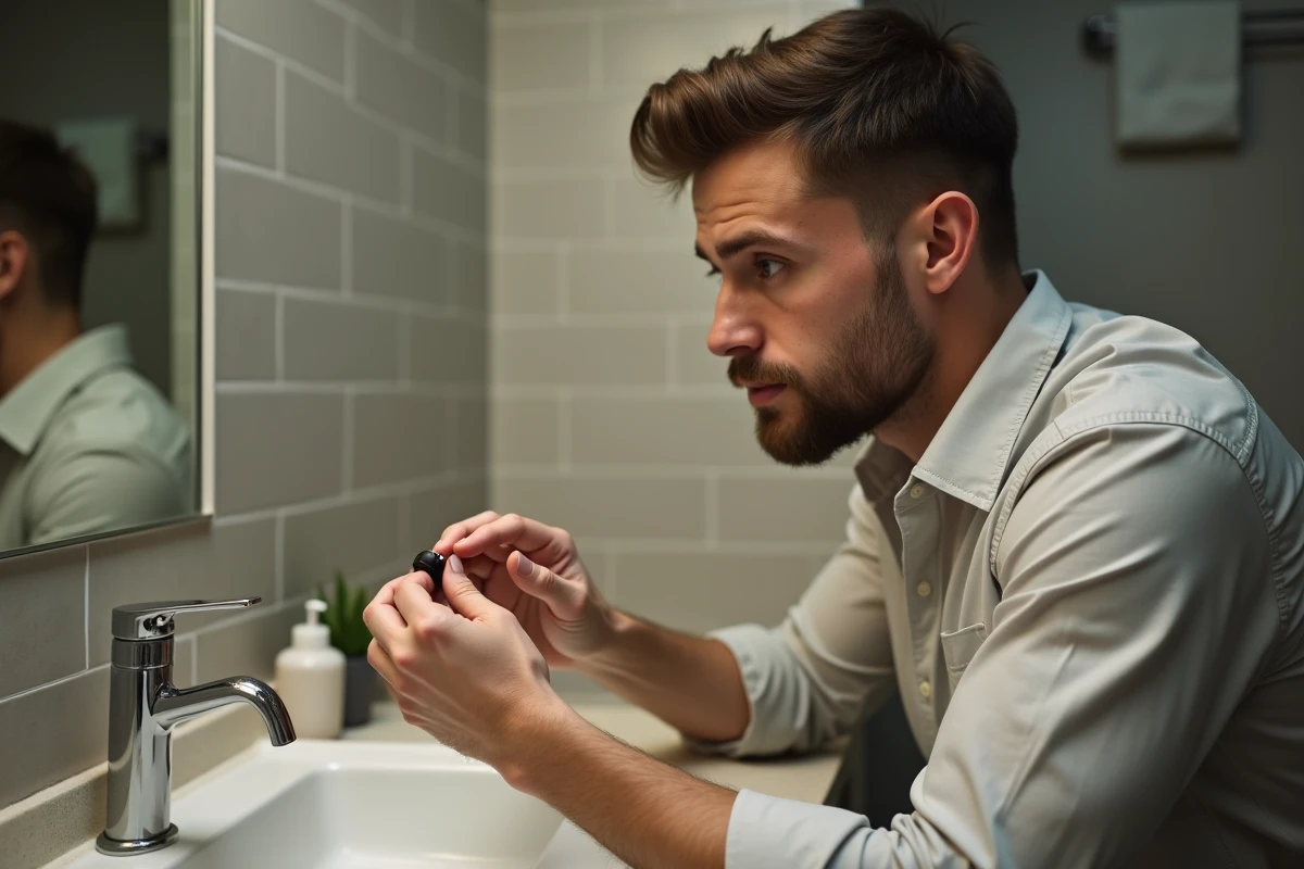 Jeune homme examinant une bague en argent dans la salle de bain