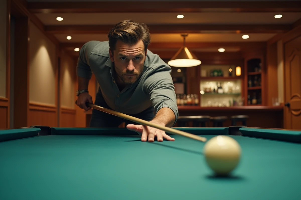 Joueur de billard américain dans un sous-sol finition bois avec bar vintage en arrière-plan