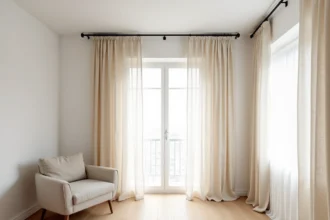 Kit tringle à rideau fixé au plafond bas dans un salon minimaliste scandinave avec rideaux lin sol-plafond