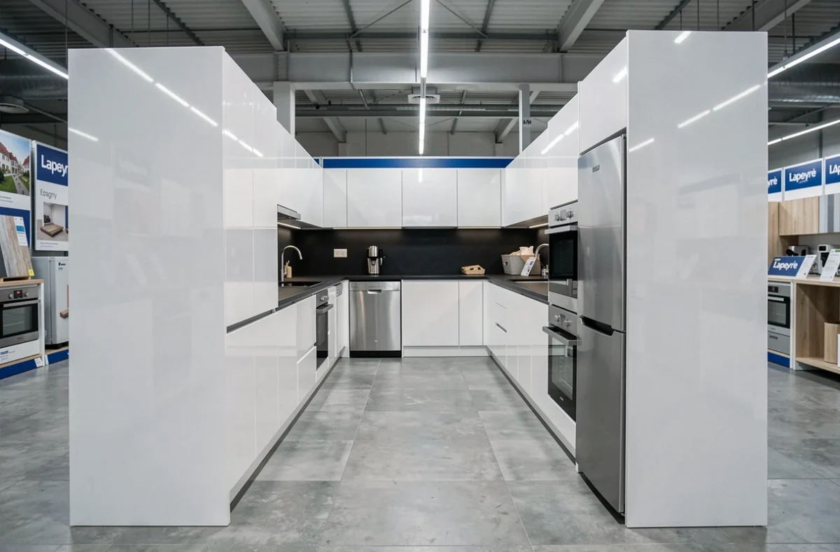 Cuisine Lapeyre exposée à Epagny en configuration galley avec façades blanches brillantes et plan de travail noir
