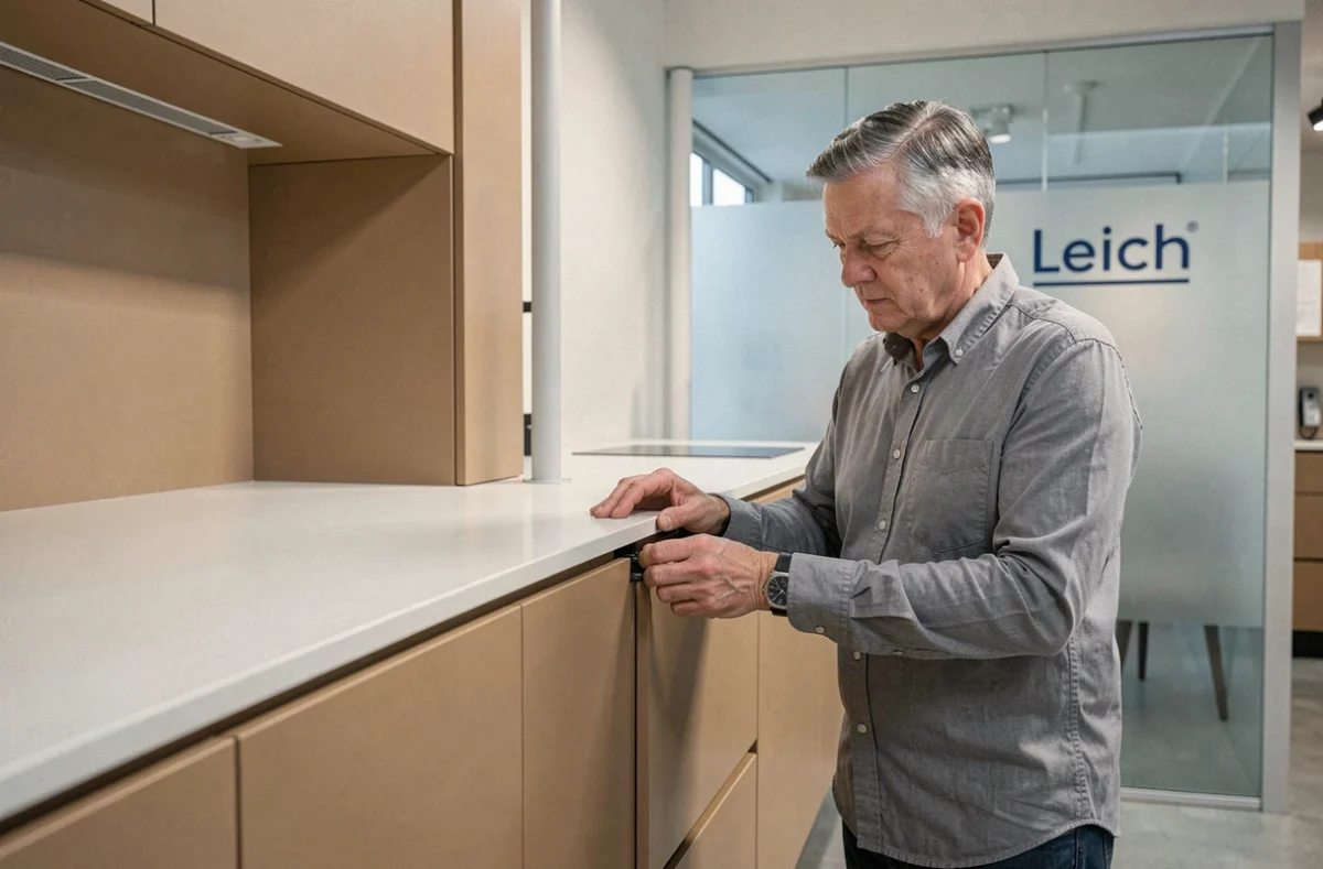 Showroom Leicht dans le Nord exposant une cuisine allemande épurée en laque sable avec comptoir Corian intégré