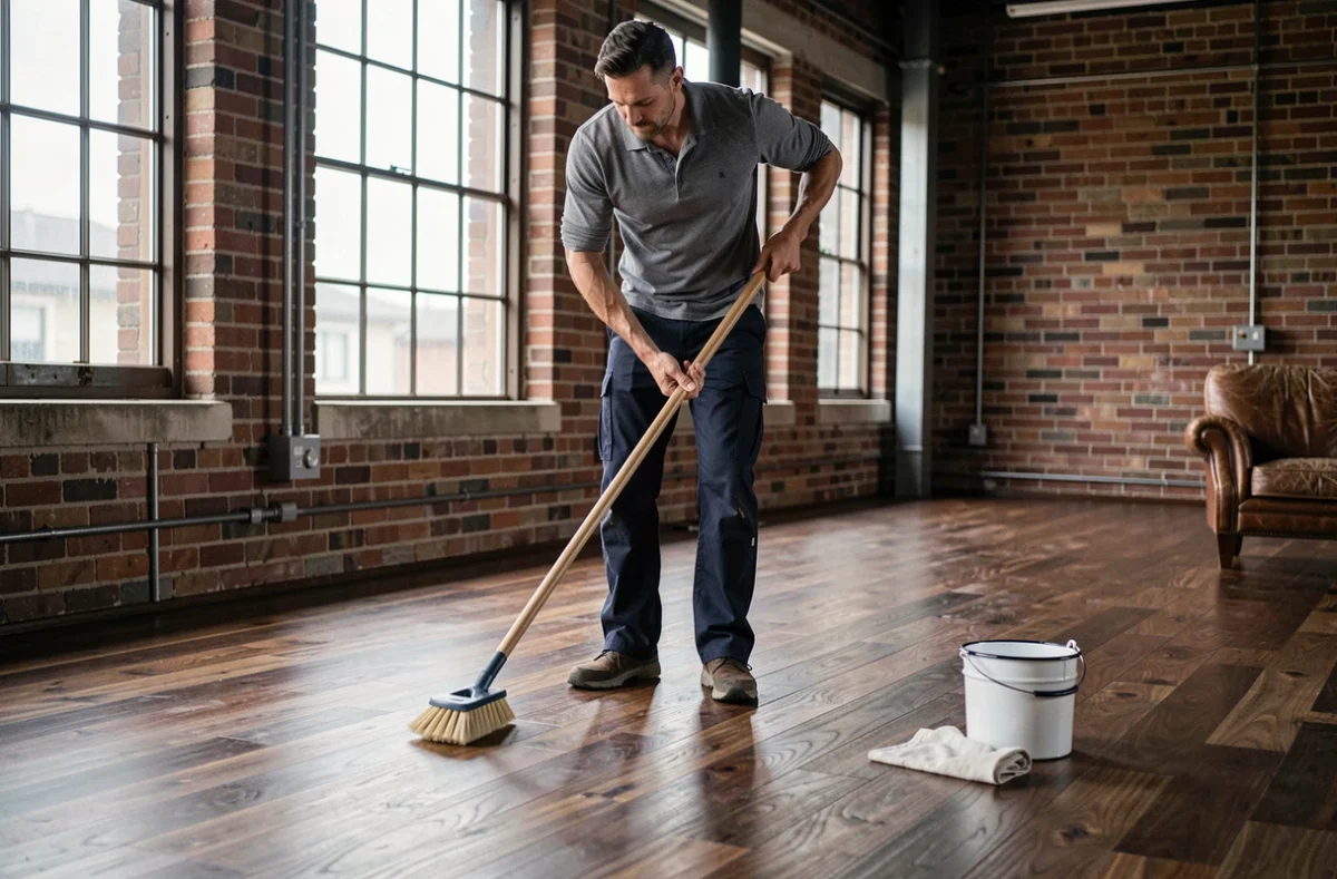 Homme entretenant un parquet en noyer huilé avec une brosse naturelle dans un appartement loft industriel