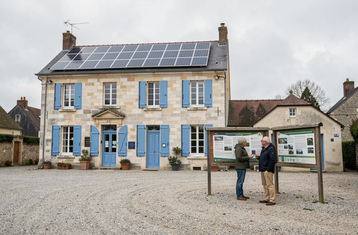 Mairie d'une petite commune rurale équipée de panneaux solaires RJ Home Solar avec des habitants discutant devant le panneau d'information