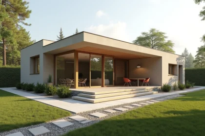 Maison de plain pied en L adaptée aux seniors avec rampe d'accès et jardin accessible