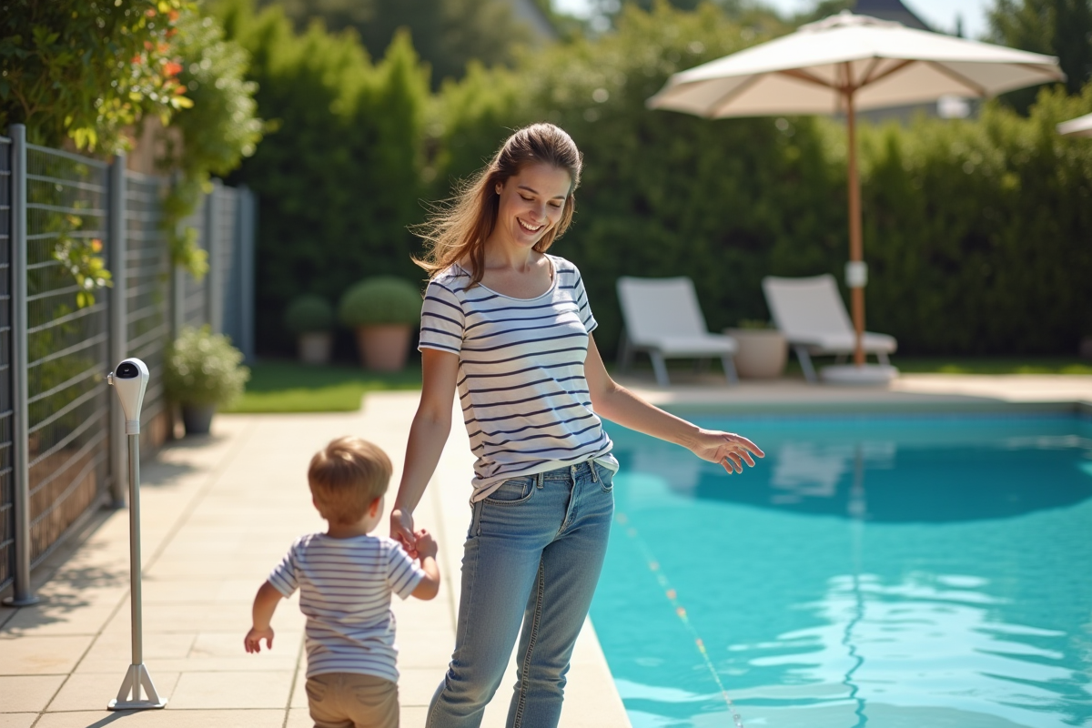 Maman souriante montre un alarmes de piscine a son enfant