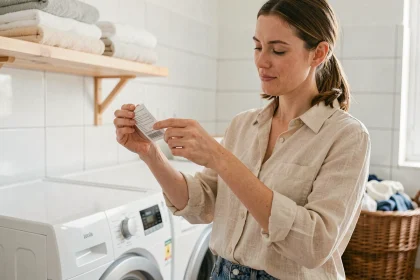 Maman pressée lisant l'étiquette de soin d'un vêtement devant sa machine à laver moderne