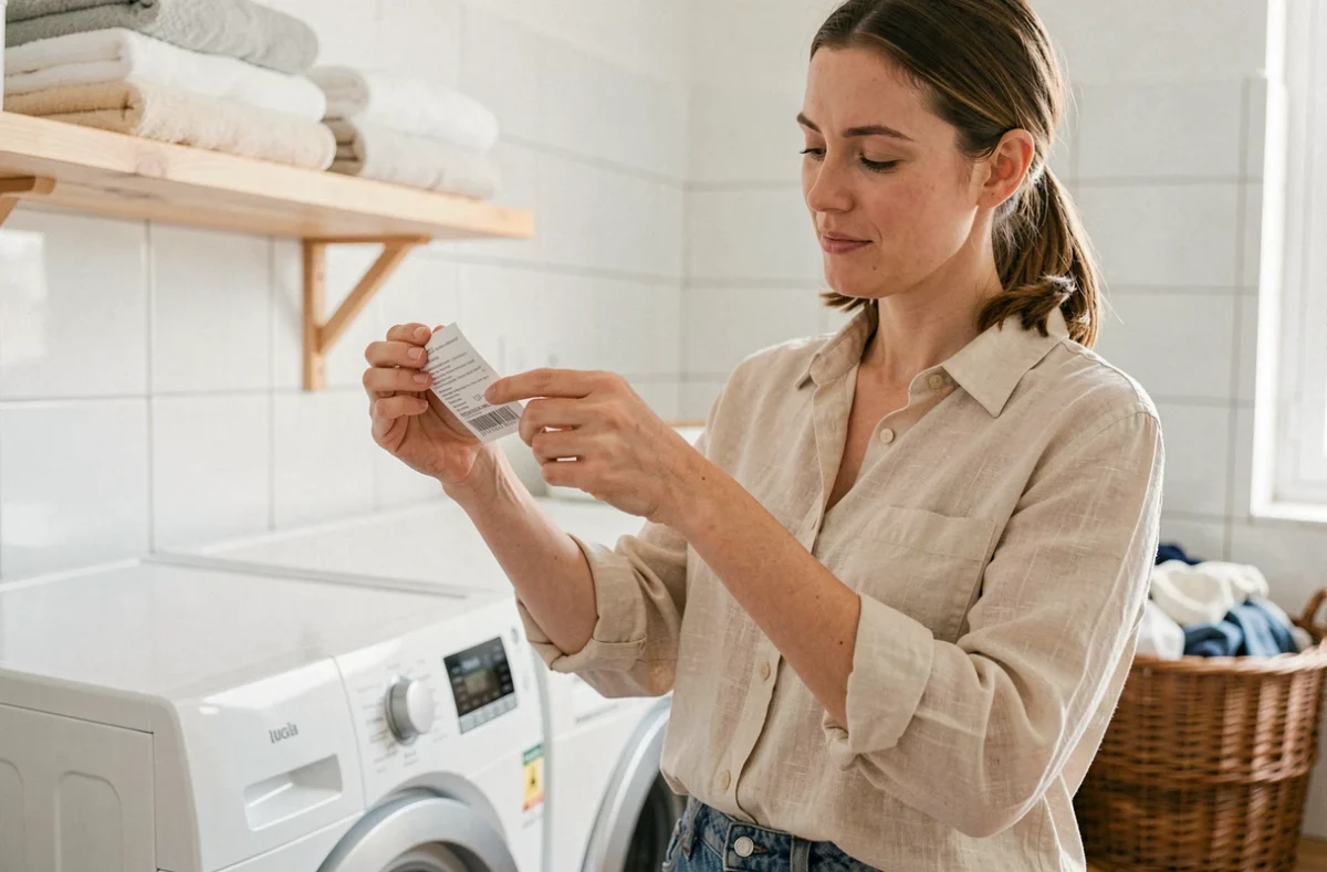 Maman pressée lisant l'étiquette de soin d'un vêtement devant sa machine à laver moderne