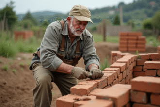 Maçon middleaged pose avec trowel en construisant un mur extérieur