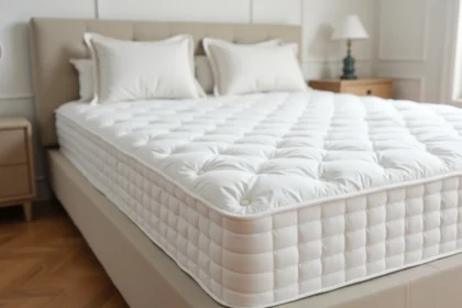 Matelas Duvivier avec housse matelassée blanche dans une chambre française minimaliste au parquet chêne