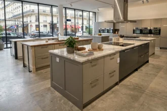 Showroom de cuisinistes en Île-de-France présentant différents styles de cuisines modernes et classiques