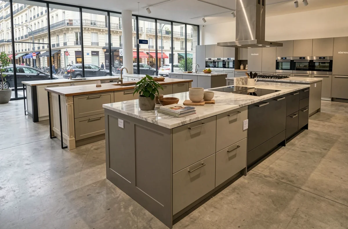 Showroom de cuisinistes en Île-de-France présentant différents styles de cuisines modernes et classiques