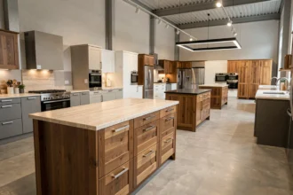 Vue grand angle d'un showroom de cuisinistes dans le Nord avec plusieurs cuisines exposées de styles variés