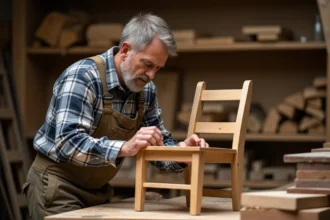 Menuisier middleaged examine une chaise en bois dans son atelier