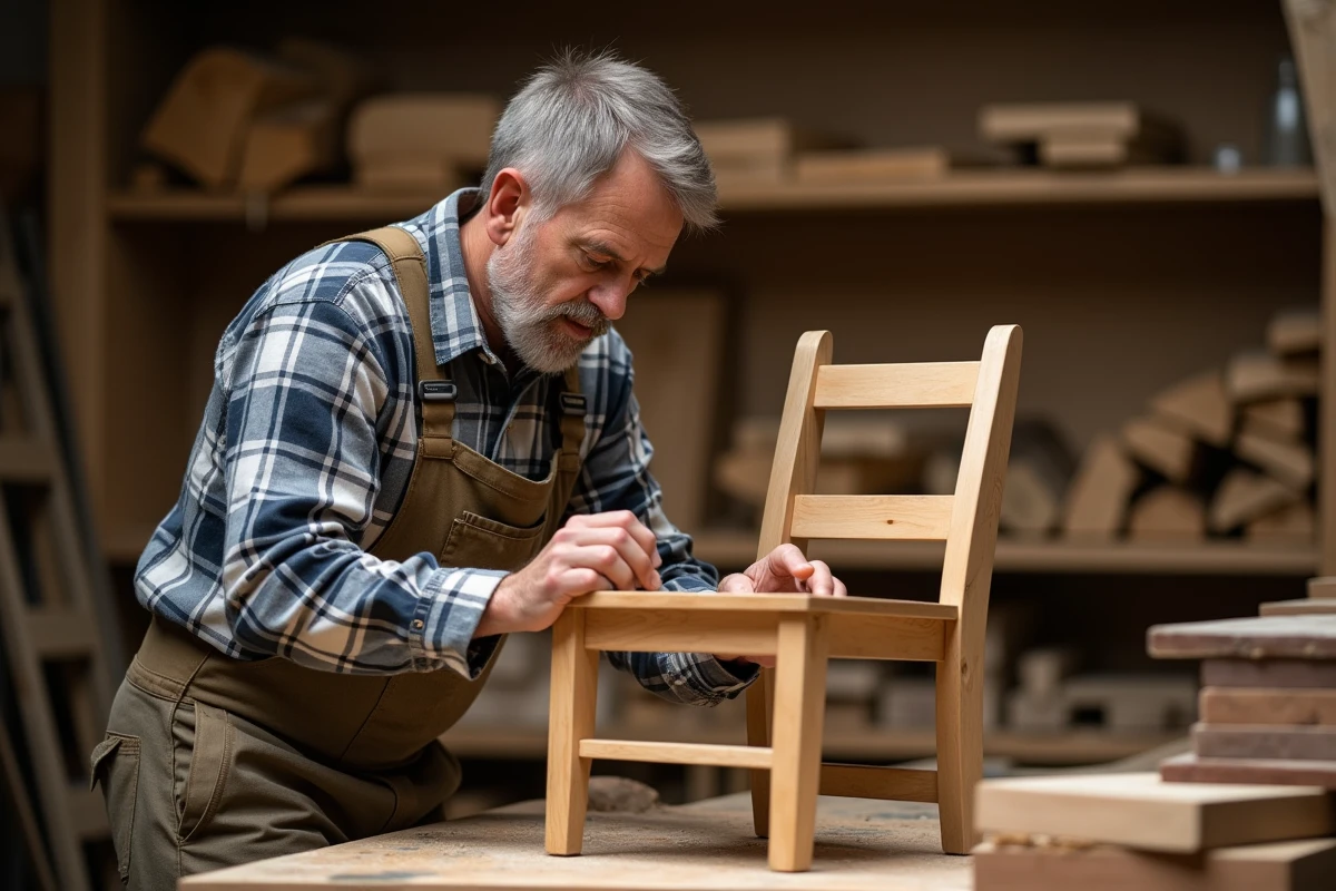Menuisier middleaged examine une chaise en bois dans son atelier