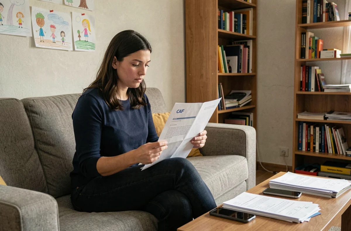 Mère célibataire lisant un courrier de la CAF concernant le foyer et la prime d'activité dans son salon