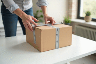 Personne mesurant un carton avec un mètre métallique dans un bureau moderne