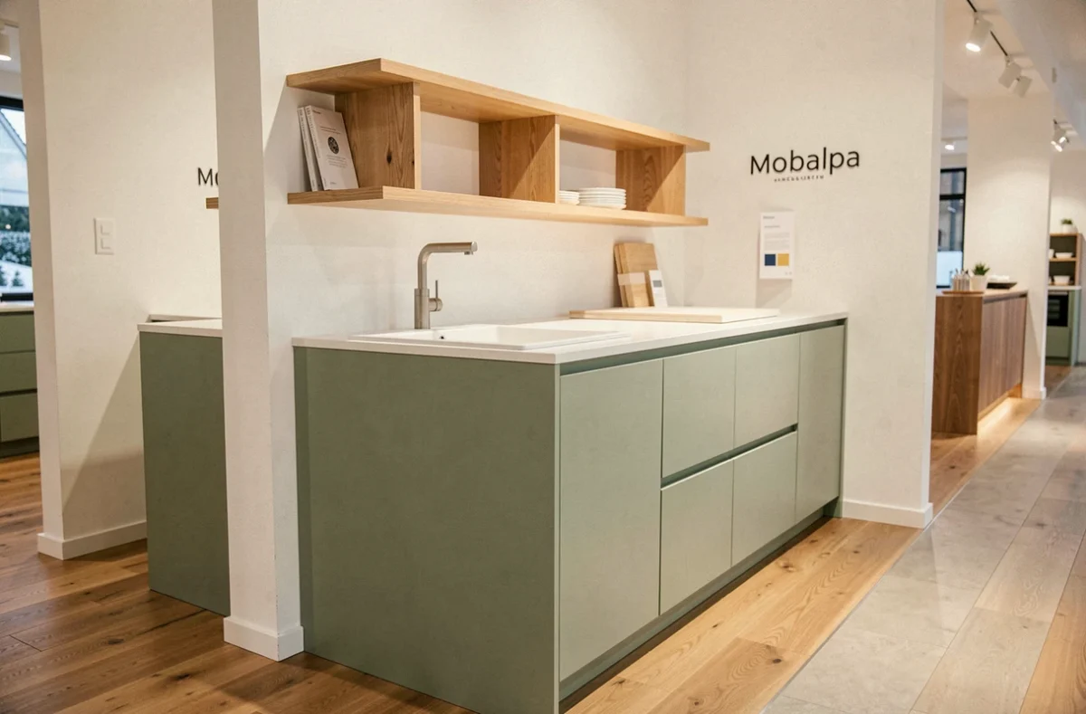 Cuisine Mobalpa exposée à Annecy avec façades vert sauge et étagères en bois ouvert