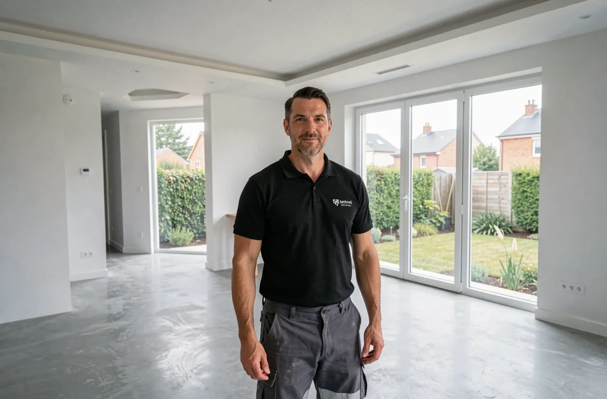 Chef de chantier de Moderne Bâti dans un espace de vie rénové avec finitions contemporaines