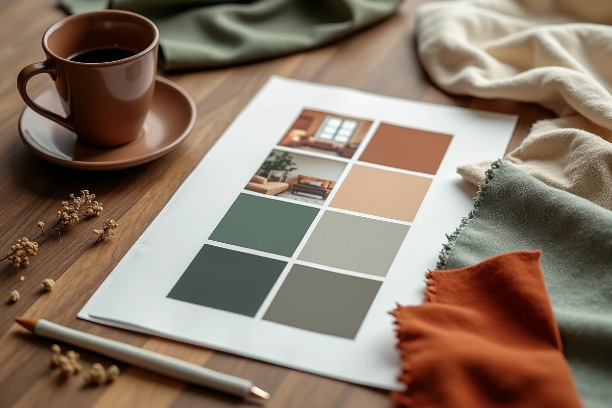 Tableau d'ambiance couleurs chaudes avec échantillons de peinture terracotta, camel et vert forêt sur table en chêne