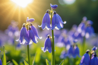 Muguet et begonias en jardin ensoleille avec gouttes
