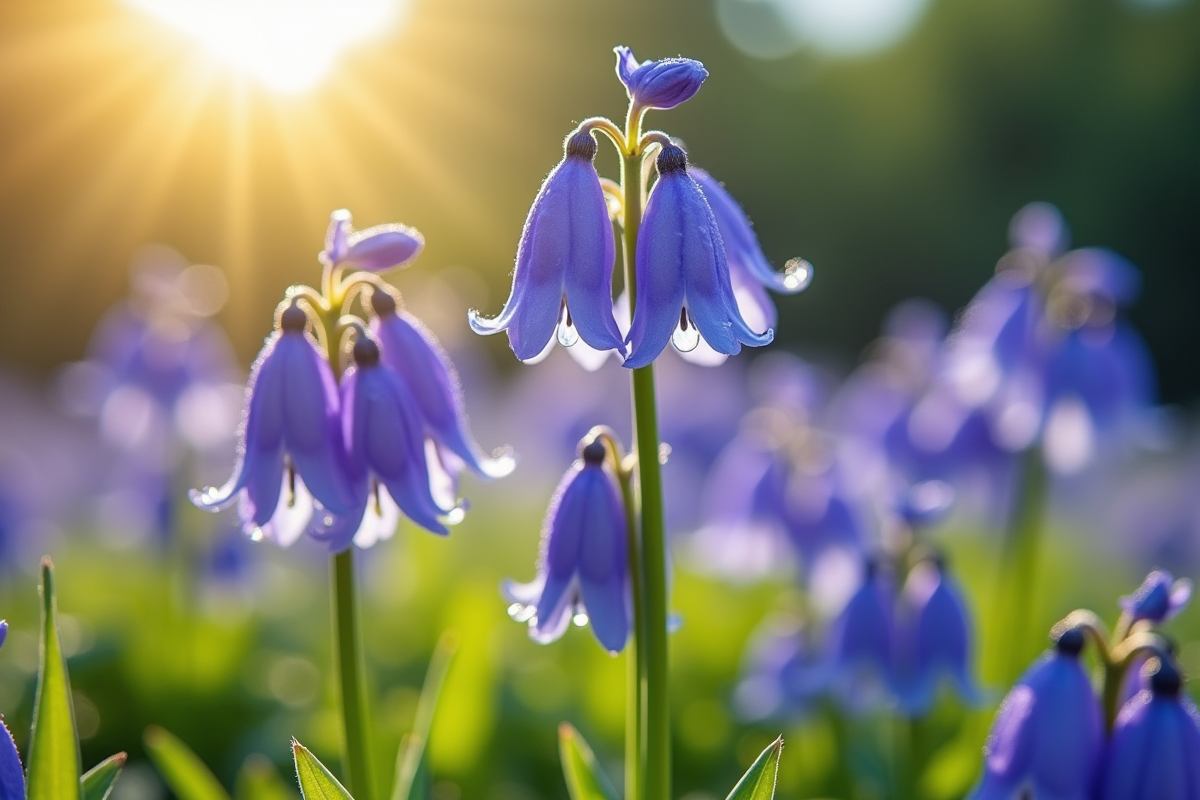 Muguet et begonias en jardin ensoleille avec gouttes
