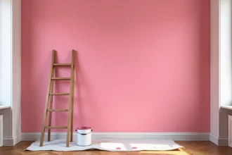 Mur intérieur peint en rose intense dans un appartement parisien avec parquet en chevrons et échelle en bois