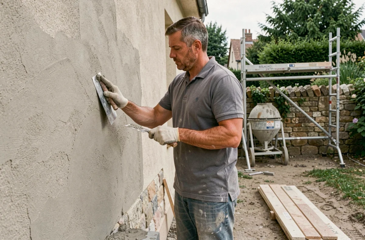 Artisan de MW BTP appliquant un enduit sur un mur extérieur lors d'une rénovation