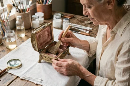 Femme nettoyant délicatement une boîte à bijoux vintage ornée avec un pinceau doux sur un établi en bois
